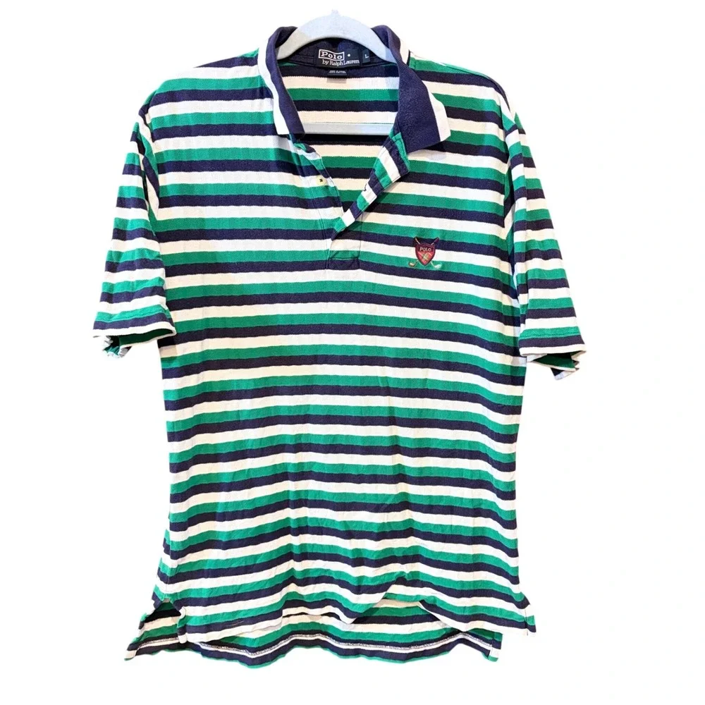 Polo Ralph Lauren Mens Green Navy Blue White Striped Golf Crest Polo Shirt L